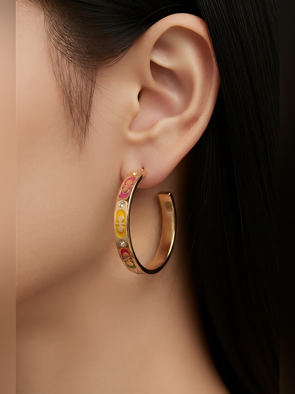 Coach NWT Gold Enamel multi color Earrings. Plated Brass. Glass/Cubic zirconia.